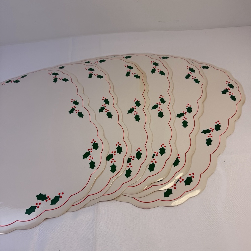 6 Vintage Placemat Set Holly Berry Christmas Holiday Oval Vinyl MCM Granny Core